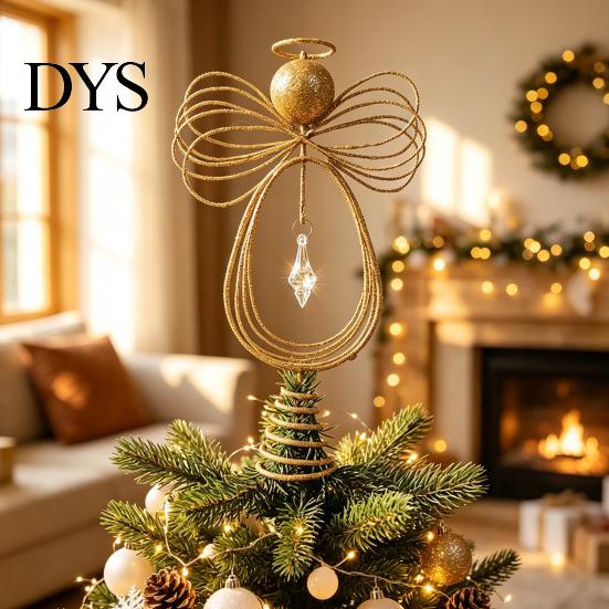 Holiday Seasonal Home Decor Angel Christmas Tree Topper, Gold Glitter Metal Wire Crown Decorative Accents Ornament for And Indoor Decorations