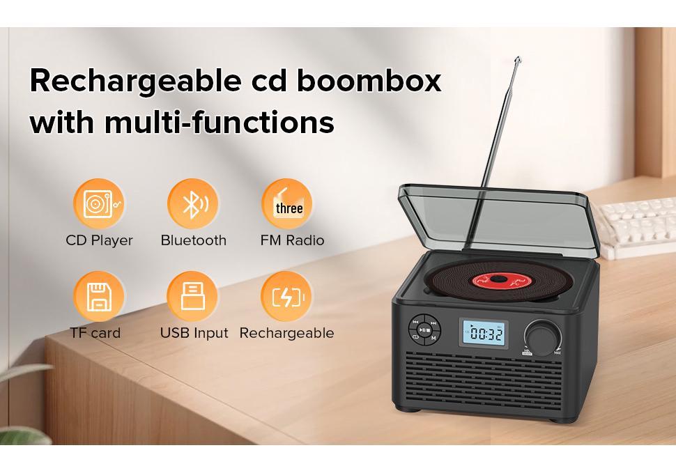 Bluetooth & FM CD Player: Rechargeable Boombox Speaker