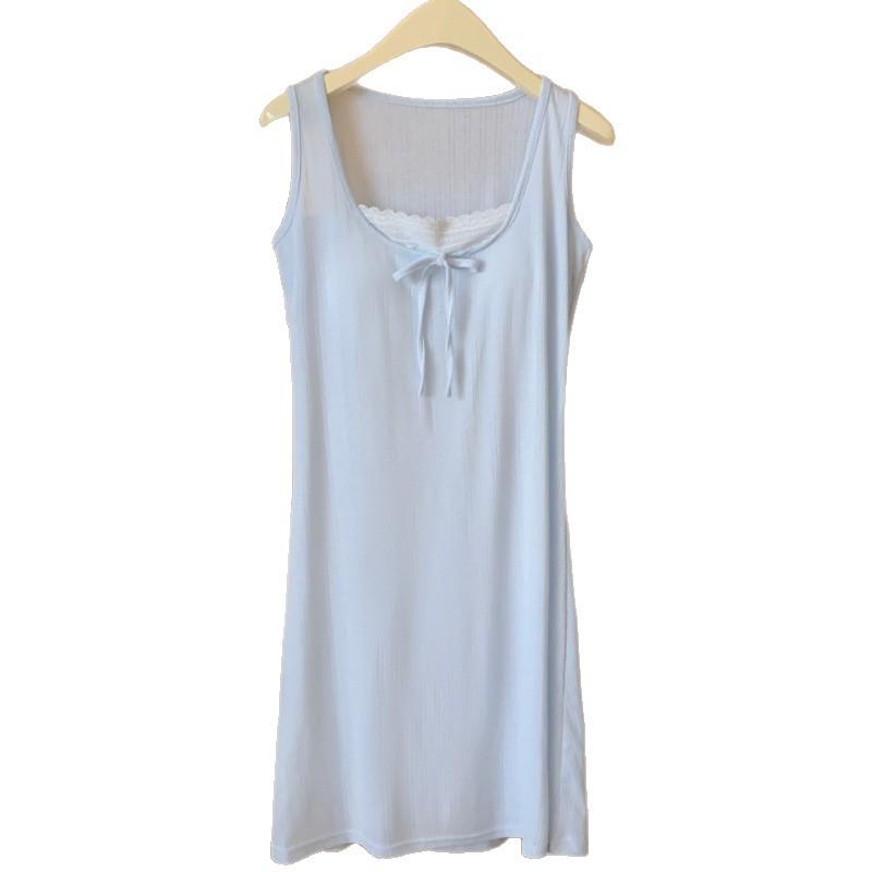 2026 Summer Blue Sleeveless Nightgown with Chest Pads - Women's Sweet Pure Desire Style