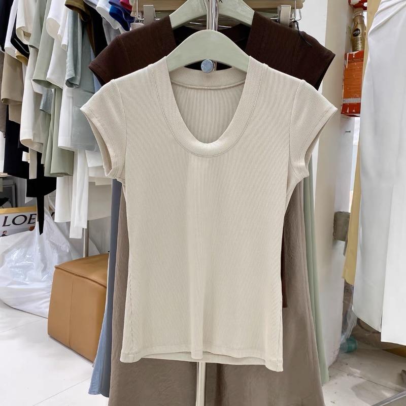 Letní bílé slim fit tričko s krátkým rukávem pro volný čas Dámské slim U-výstřih Kancelářská dáma Tričko Topy Elegantní Jednobarevné Jednoduchá trička Dámské oblečení 24226