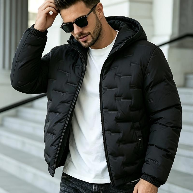 Veste à capuche épaisse et chaude pour homme, Manteau d'hiver matelassé géométrique rembourré avec poches zippées et poignets élastiques pour l'extérieur, les voyages et le quotidien