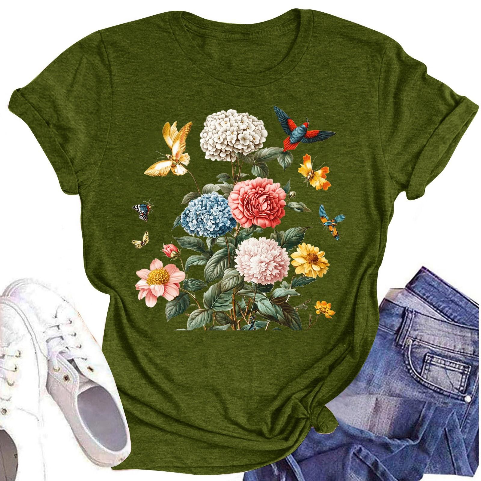 

Женская повседневная футболка с круглым вырезом и цветочным принтом, короткий рукав L армия зеленый