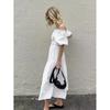 French Style Elegance White off-Shoulder Puff Sleeves Waist-Tight Dress Sexy One Line Neck Dress