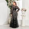 Plus Size Elegant Embroidered Mermaid Dress Round Neck Long Sleeve Lined Back Zipper