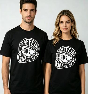2026 New Black Roundneck Tshirt With Retro Helmet Skull Pattern Caffeine And Gasoline Print Motorcycle Rider Cotton Tshirt