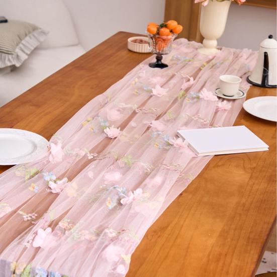 Elegant Birthday Table Decor Lace Embroidery Floral Tablecloth, 3D Flower Tulle Sheer Cover, Seasonal Tablecloth for Party Colorful Cloth Wedding