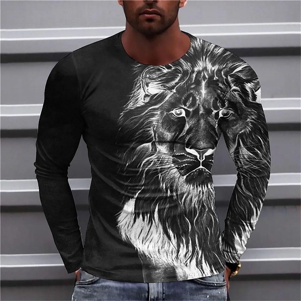 2023 Autumn Plus Size O-Neck Long Sleeve T-shirt Men's Clothing Men's T-shirt 3D Animal Print Top Casual Street Vintage T-shirt