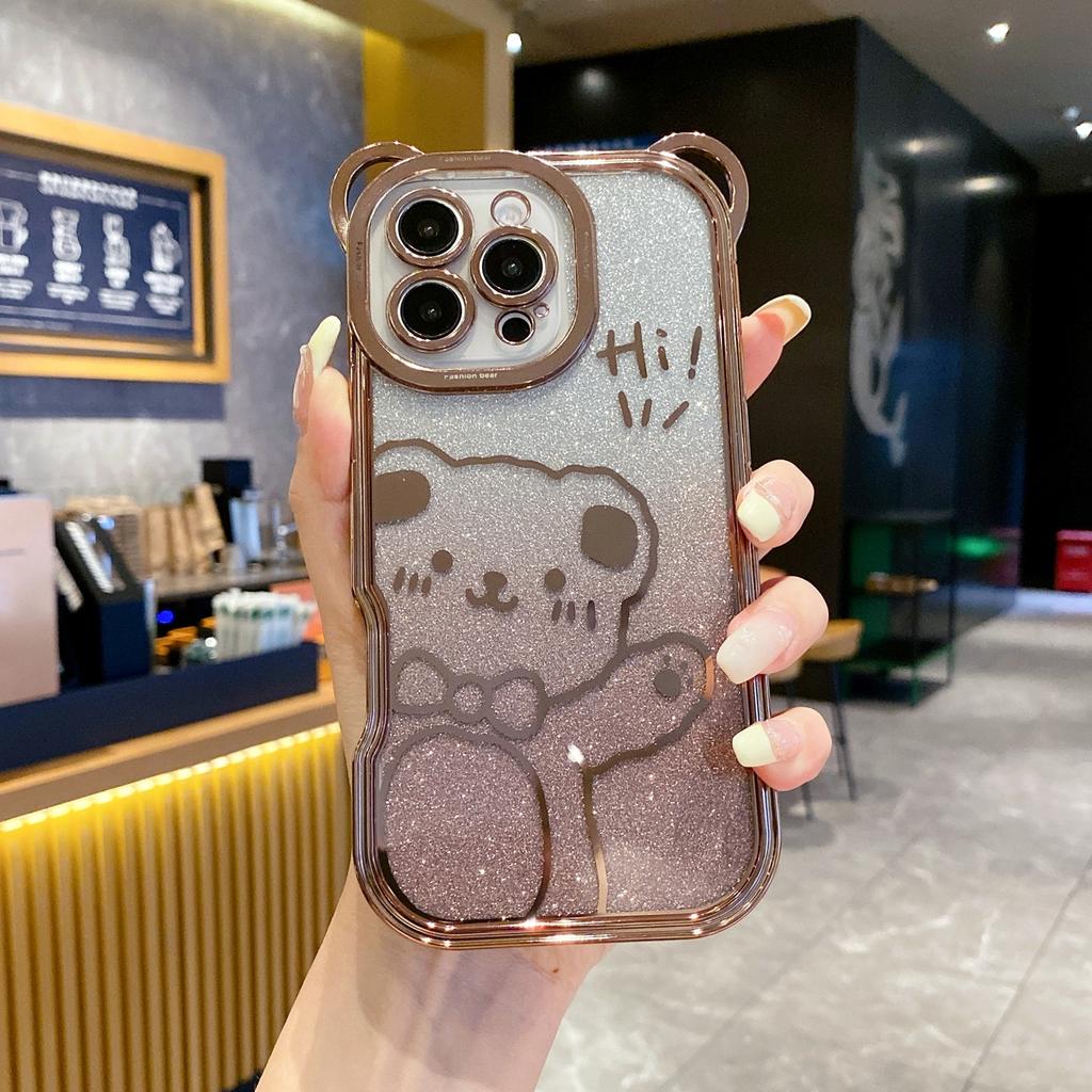 For iPhone 16 Pro Case Cute Bear Electroplating TPU Phone Cover with Gradient Glitter Paper