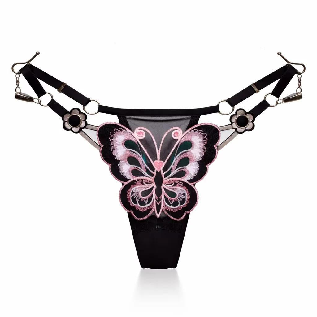 Butterfly Lace Thong for Women Low Waist G-String Transparent Mesh Panties Sexy Embroidered Briefs Adjustable Waist Culotte Femm
