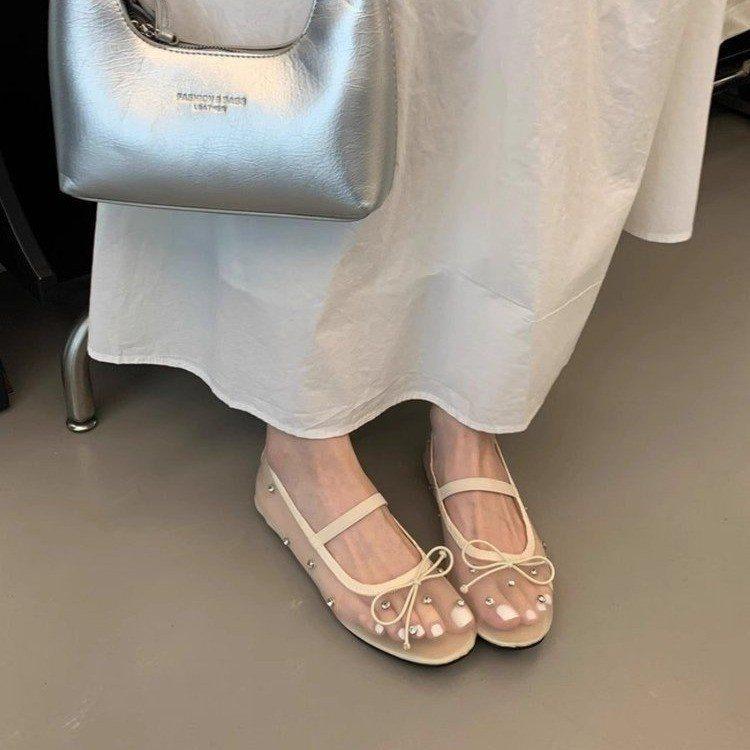 Bow fashion princess shoes soft sole with temperament one word mesh round head rhinestone sweet shallow mouth single shoes flat shoes