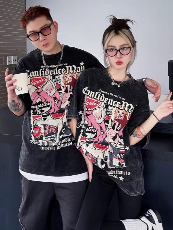 Retro Trendy Unisex Washed Anime T-shirt - Summer High Street Style, Loose Fit, Pure Cotton, Short Sleeve