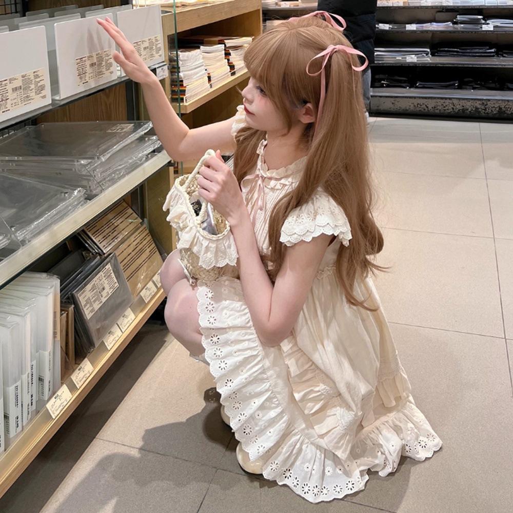 

Платье с короткими рукавами-крылышками, милое и симпатичное, женское, летнее, с оборкой, для мягкой девушки, студенческое, в стиле преппи, принцесса, без рукавов, в иностранном стиле, юбка XL- (recommended 110-60kg)