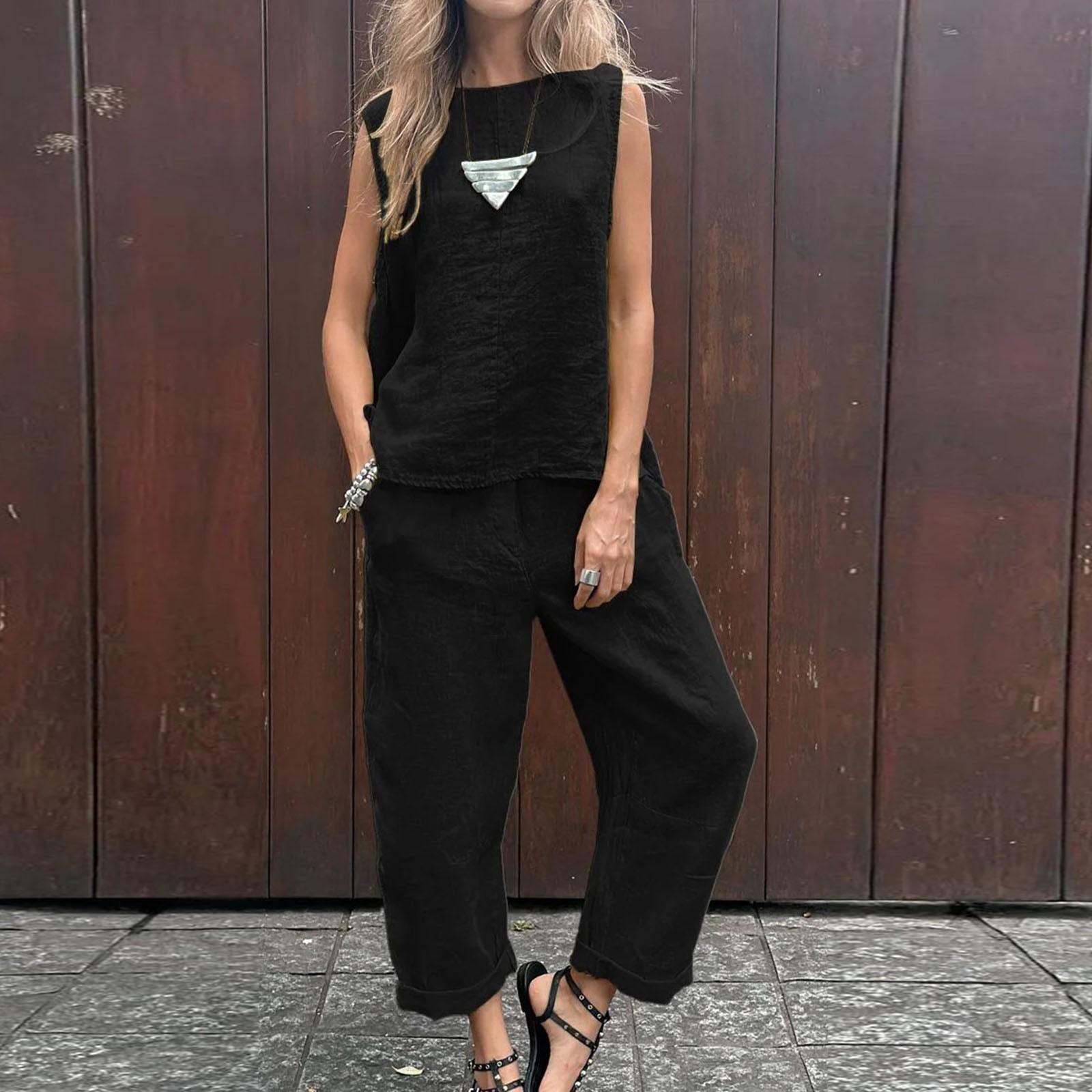 

Женский однотонный свободный топ без рукавов из хлопка и льна, свободные брюки из двух частей S чёрный