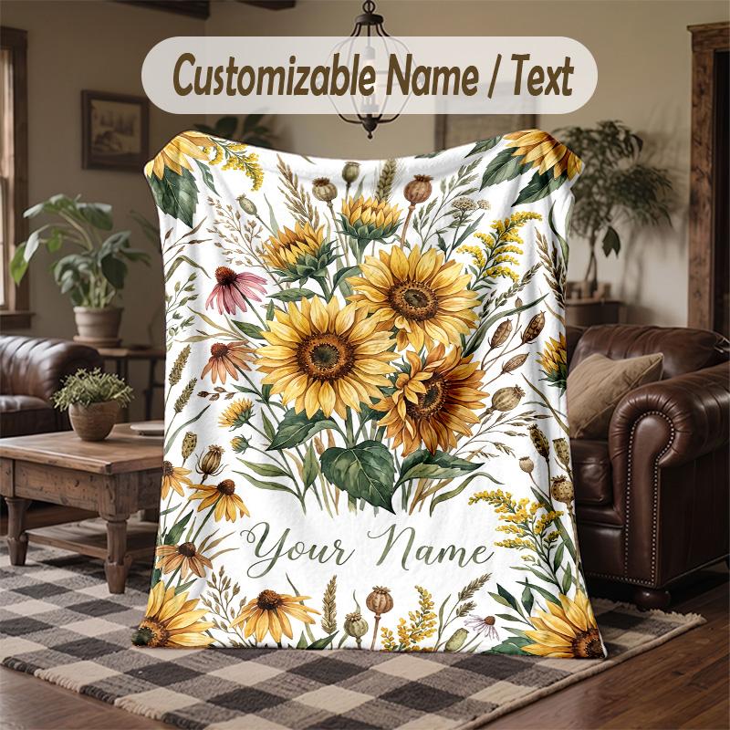 Sunflower Cow Garden 1 Theme Throw Blanket Custom Name Text Personalized Blanket Soft Cozy Blanket for Home Sofa Bed