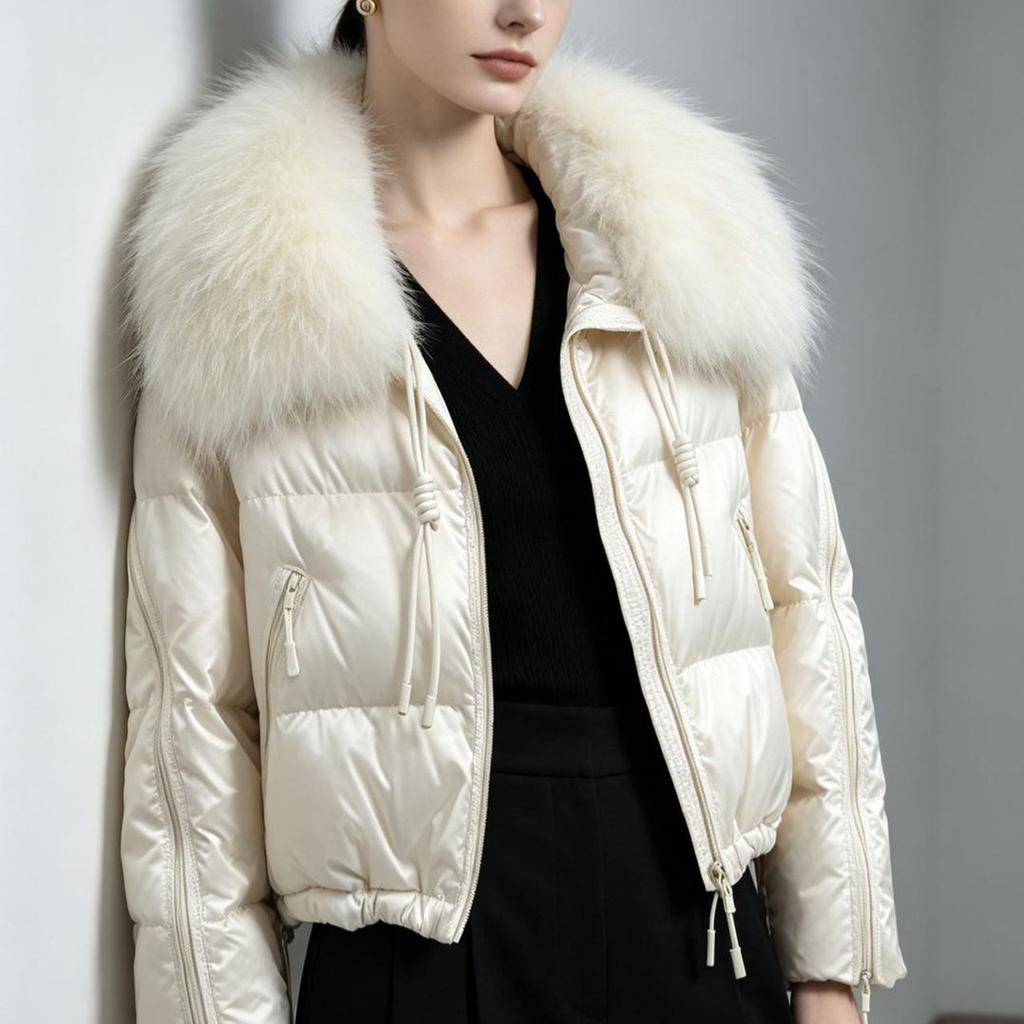 Women's Pinghu down jacket short winter natural raccoon hair big fur collar white duck down jacket loose and thickened to keep warm