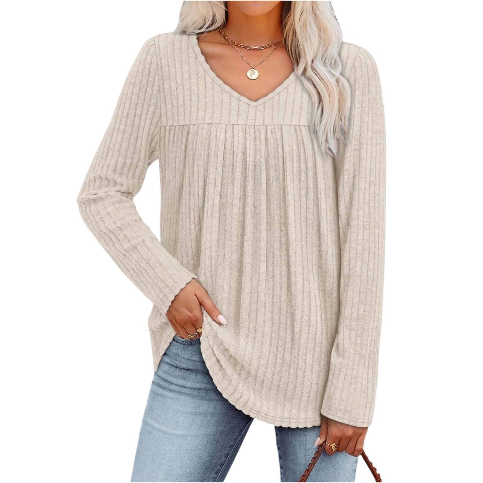 

Women s Fashionable Long-sleeved Pullover Solid-color Top XXL бежевый