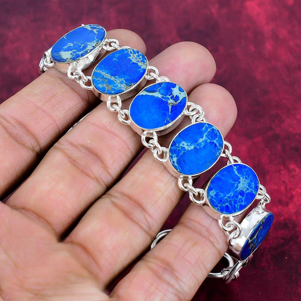 Pulsera de sedimentos marinos azules, joyería de piedras preciosas, pulsera de cadena ajustable de plata de ley maciza 925, regalo para mujer, collar hecho a mano
