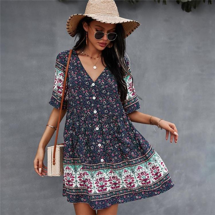 Bohemian Women Short Sleeve Print Casual Sexy Dress V Neck Spring Summer Beige Green Navy Blue S M L XL