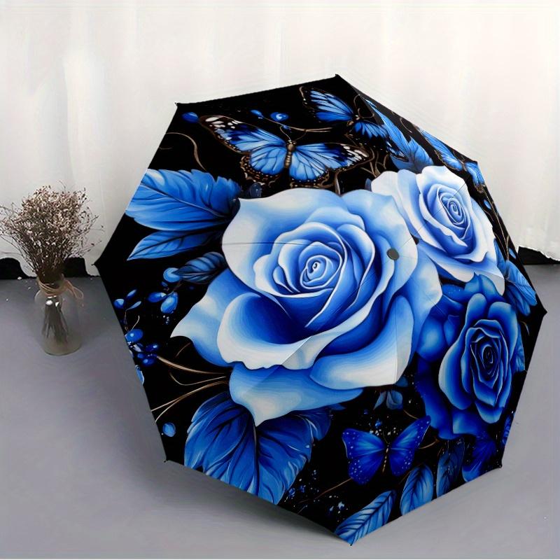 Automatic Open/Close Umbrella with Shielding & - Elegant Floral design - Sturdy 8-Rib Construction - Blue Roses & Butterflies