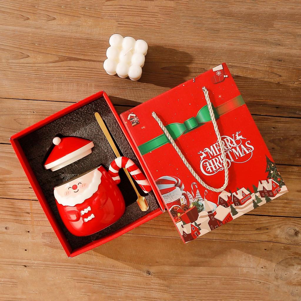 Santa Claus Mug Creative Hand Painted Christmas Ceramic Cup Gift Box Household Coffee Cup with Lid Spoon