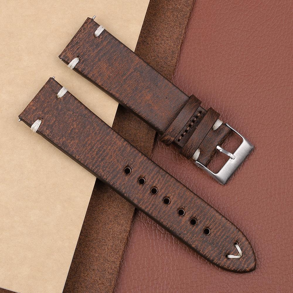 Retro Leather Watch Band 18mm 20mm 22mm 24mm Cowneck Pattern Stainless Steel Pin Buckle Watch Strap Replacement for Men Women