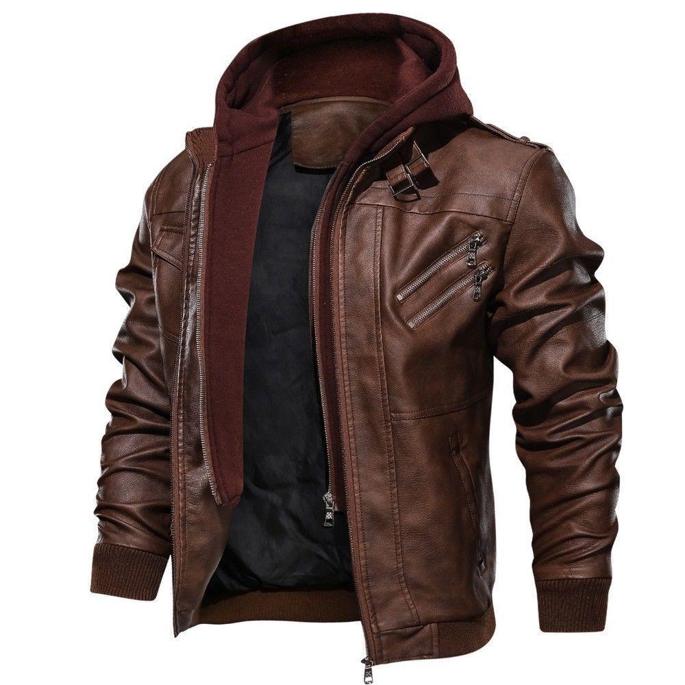 Men's Trendy Hooded PU Leather Jacket - Removable Hat, Plus Size, Casual Motorcycle Outerwear for All Ages