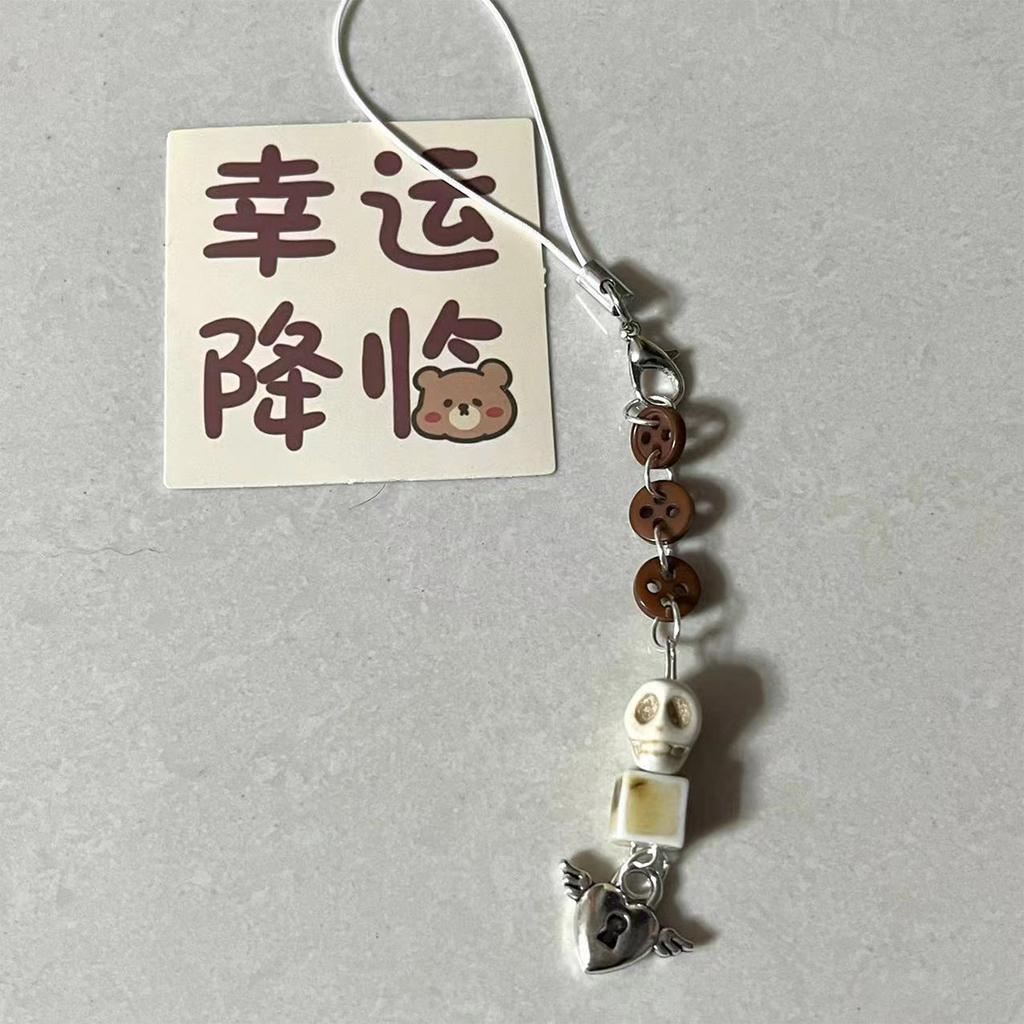 Simple Button Beaded Heart Charm Pendant Chain Phone Strap Pocket Keychain Strap Hangings Decoration for Key Bag Purse