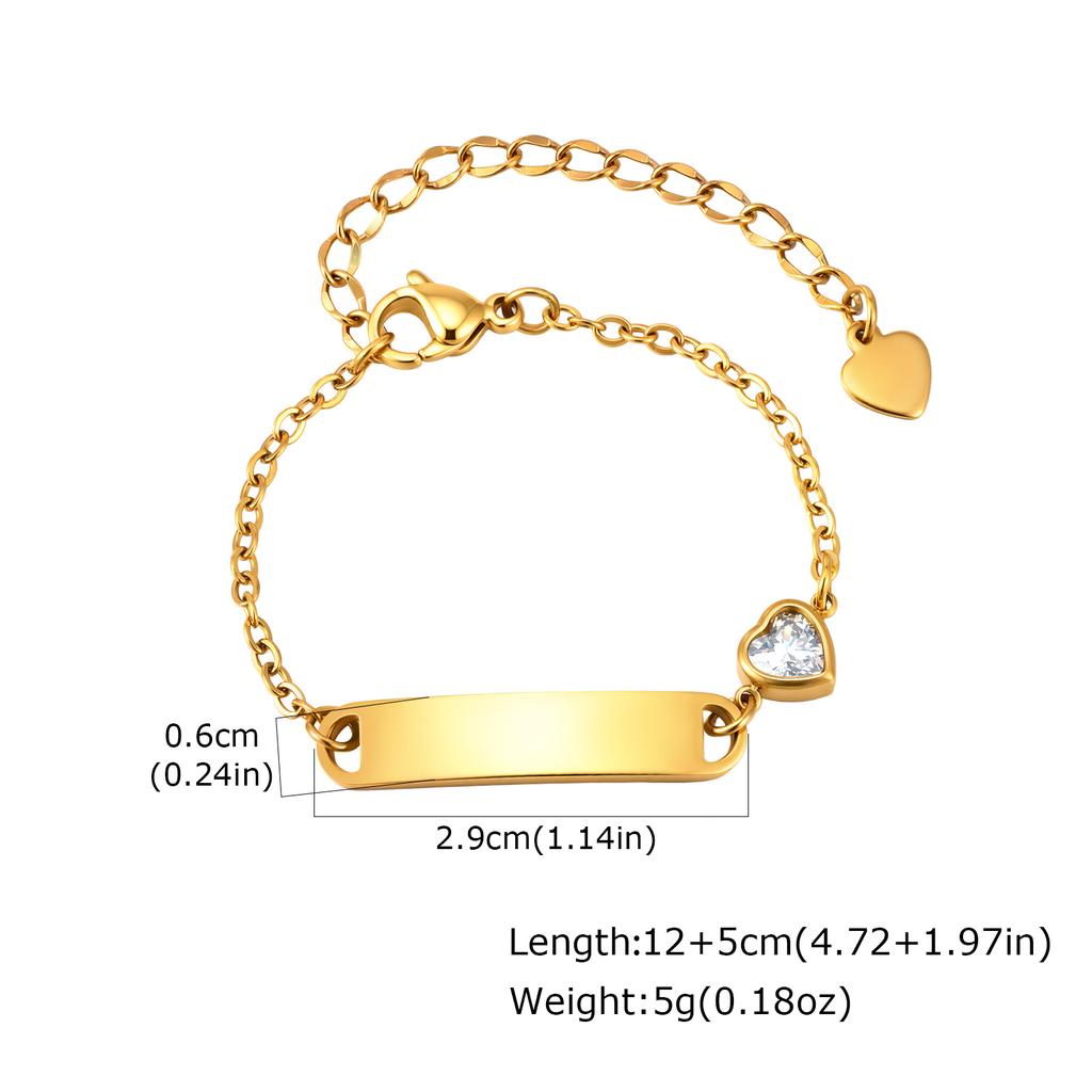 Customized Child ID Bracelet, Personalized Engraved Name Stainless Steel Zircon Heart Bracelets, Not Allergic Jewelry for Girl