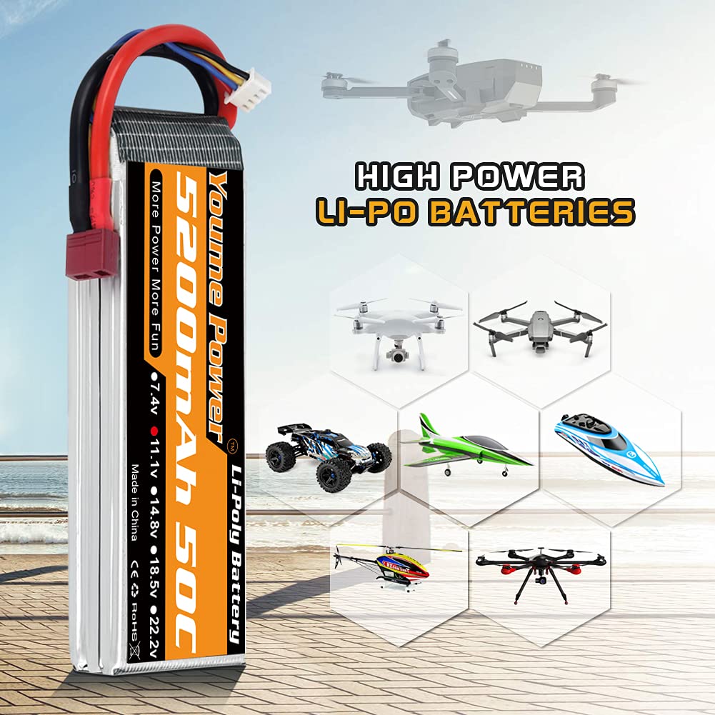 11.1v LiPo 5200mAh, 3S LiPo 50C Dean T Plug, for RC CarsTrucks, Boats, Drones, Buggies (2-Pack)