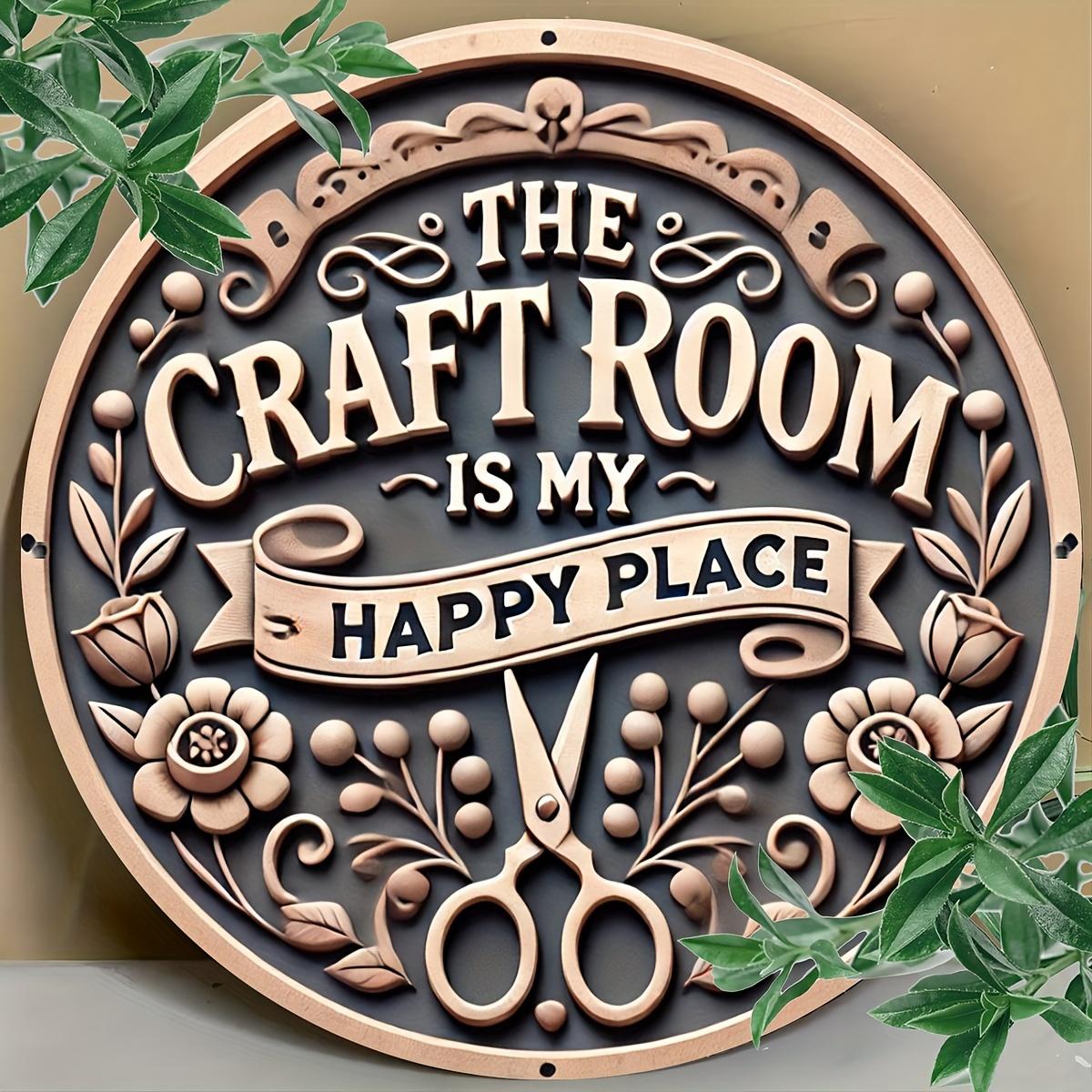 

1 шт. 2d плоская винтажная круглая деревянная табличка - 20 см «Комната для рукоделия - мое счастливое место» - прочная, легко подвешиваемая, уникальная декоративная табличка для спальни, кухни