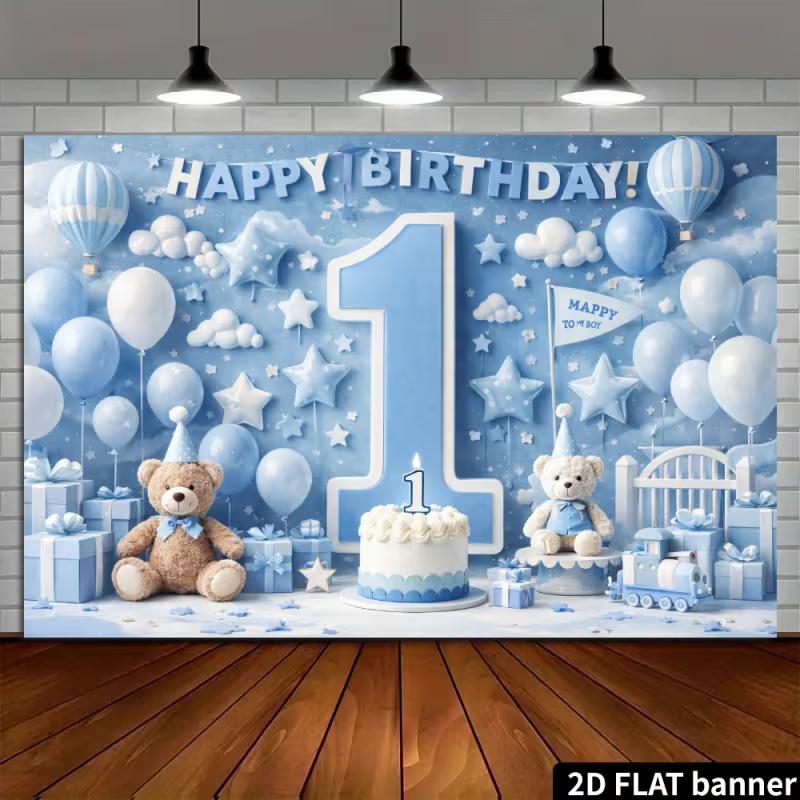 2D Kleiner Prinz 1. Geburtstag Kulisse - Blauer Teddybär Banner für Jungen 1. Geburtstag Fotoshooting