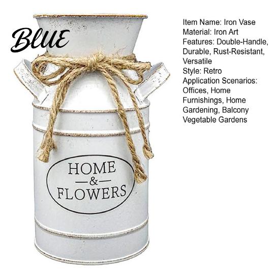 Farmhouse Style Flower Vase Vintage Iron Can Bucket Double-Handle Metal with Jute Bow