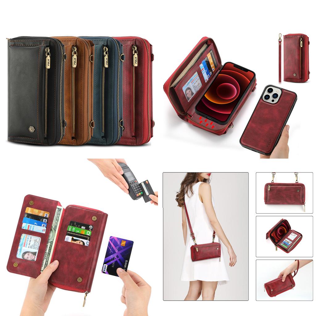 Applicable to iPhone15 mobile phone leather case 16Pro multi-function split mobile phone case zipper wallet oblique span bag 14