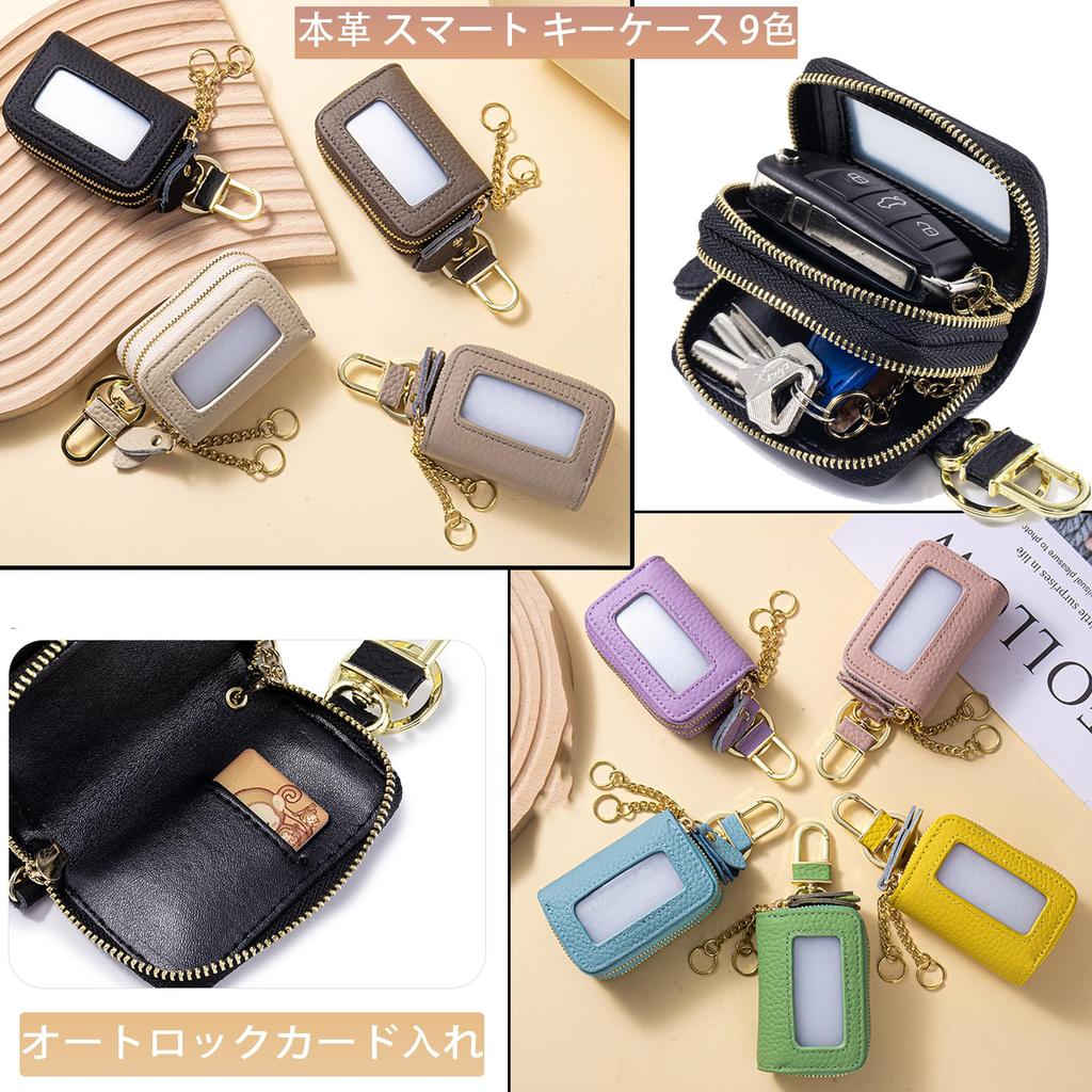 RenLianyi Damen Schlüsselmäppchen aus echtem Leder, Platz für 2 Schlüssel, mit 360° drehbarem Karabinerhaken, zweilagiges Design, durchsichtiges Fenster, Schlüsselring und zwei Schlüssel