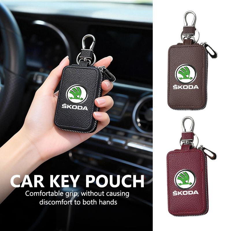 For Skoda Key Case Multifunctional Key Case Leather Keybag Zipper Keychain Wallet Rapid Octavia Derivative Enyaq-iV VisionS Yeti