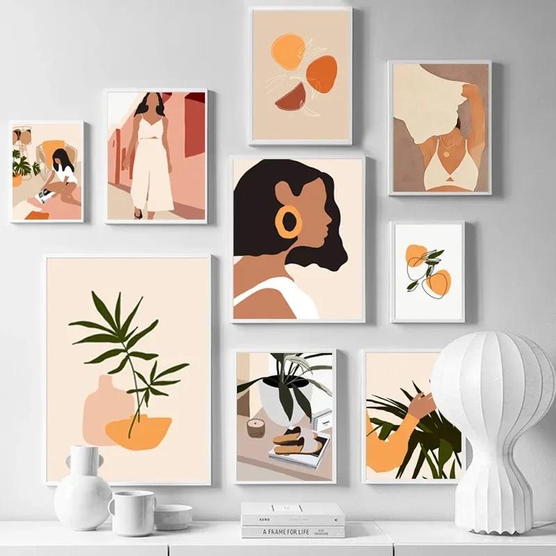 Bohemian Fashion Abstract Girl Art Canvas Painting Nordic Posters and Prints Wall Art Pictures for Living Room Home Decoration