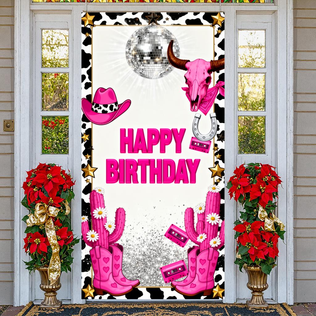 Disco Birthday Background Pink Cow Skull Birthday Display Banner Glitter Design Birthday Door Cover For Cowgirl Themed