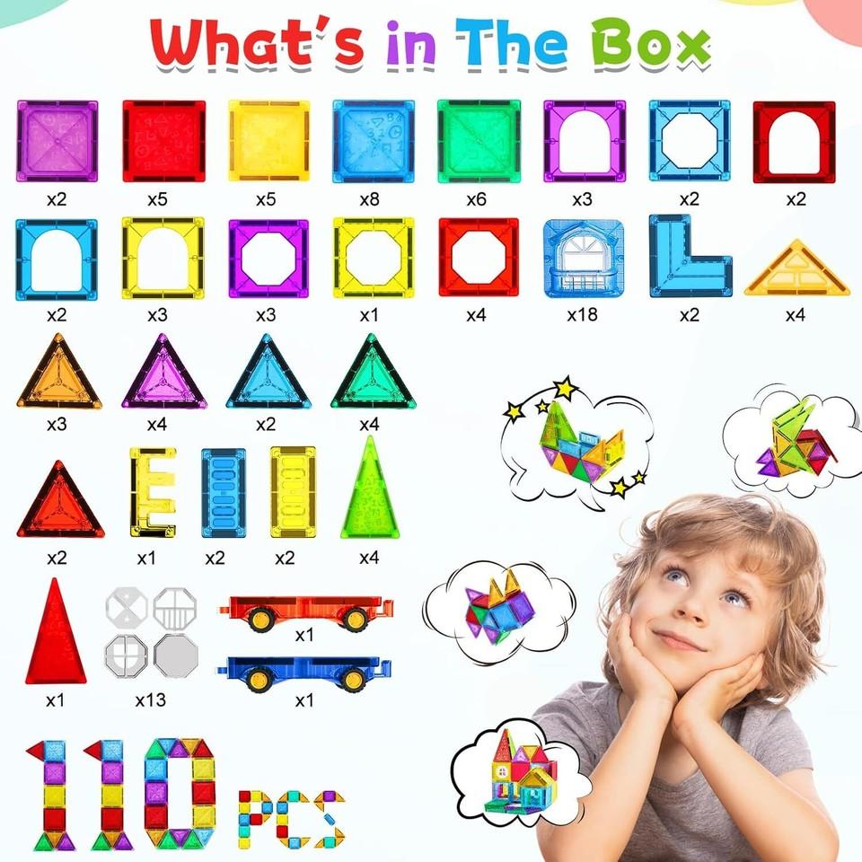 Magnetic Tiles 110 PCS Blocks 3D Building Blocks Construction Educational Toys