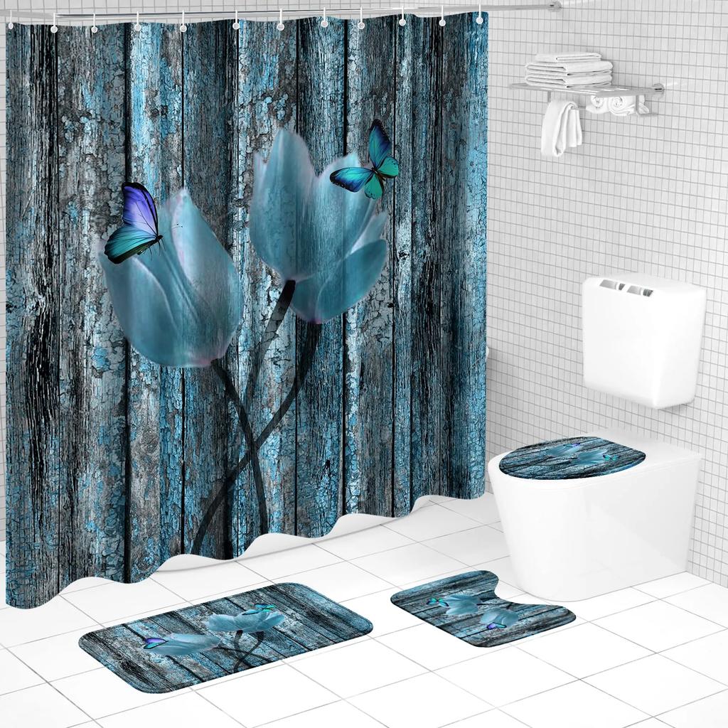 Blue Rose Flowers Waterproof Bathroom Shower Curtain Set Polyester Toilet Seat Cover Bath Nonslip Mat Rug Carpet Home Decor