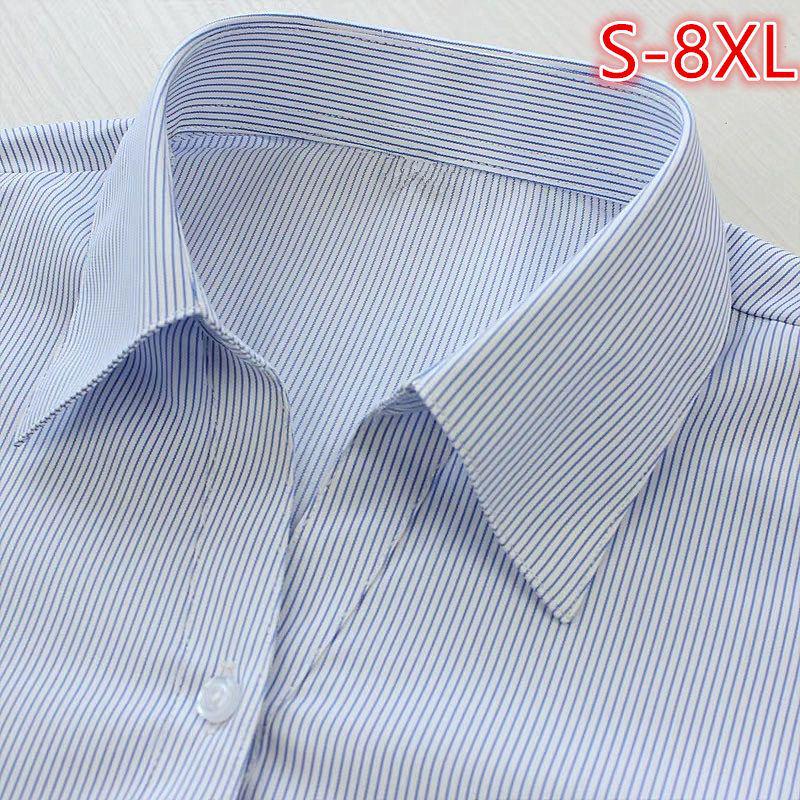 Women's Plus Size Blue Striped Formal Work Shirt - Hidden Button Design
