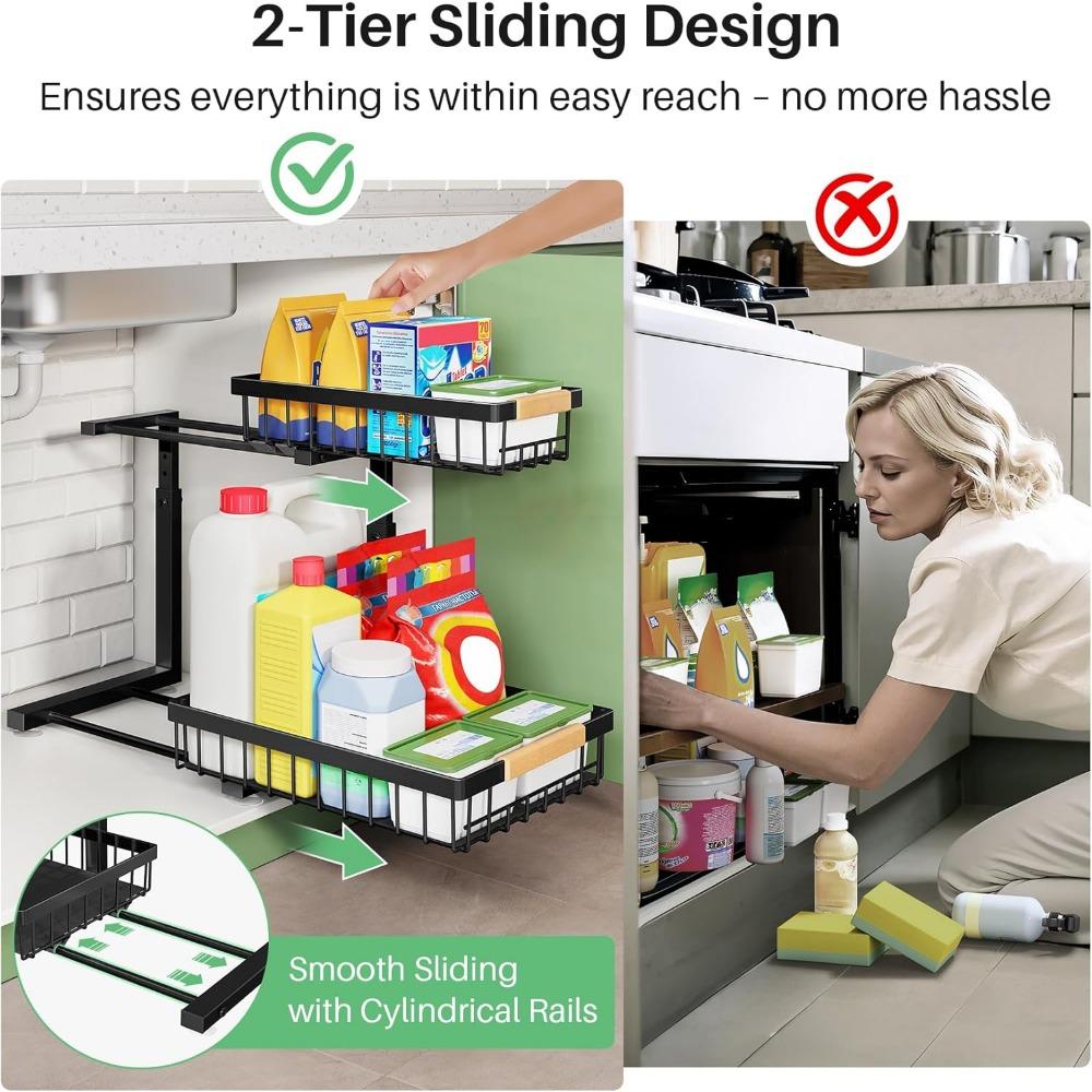 Under Sink Organizer, 2 Packs 2 Tier Under Sink Organizers and Storage, Slide Out Pull Out Cabinet Organizer Shelf, Metal Sliding Drawer for Kitchen