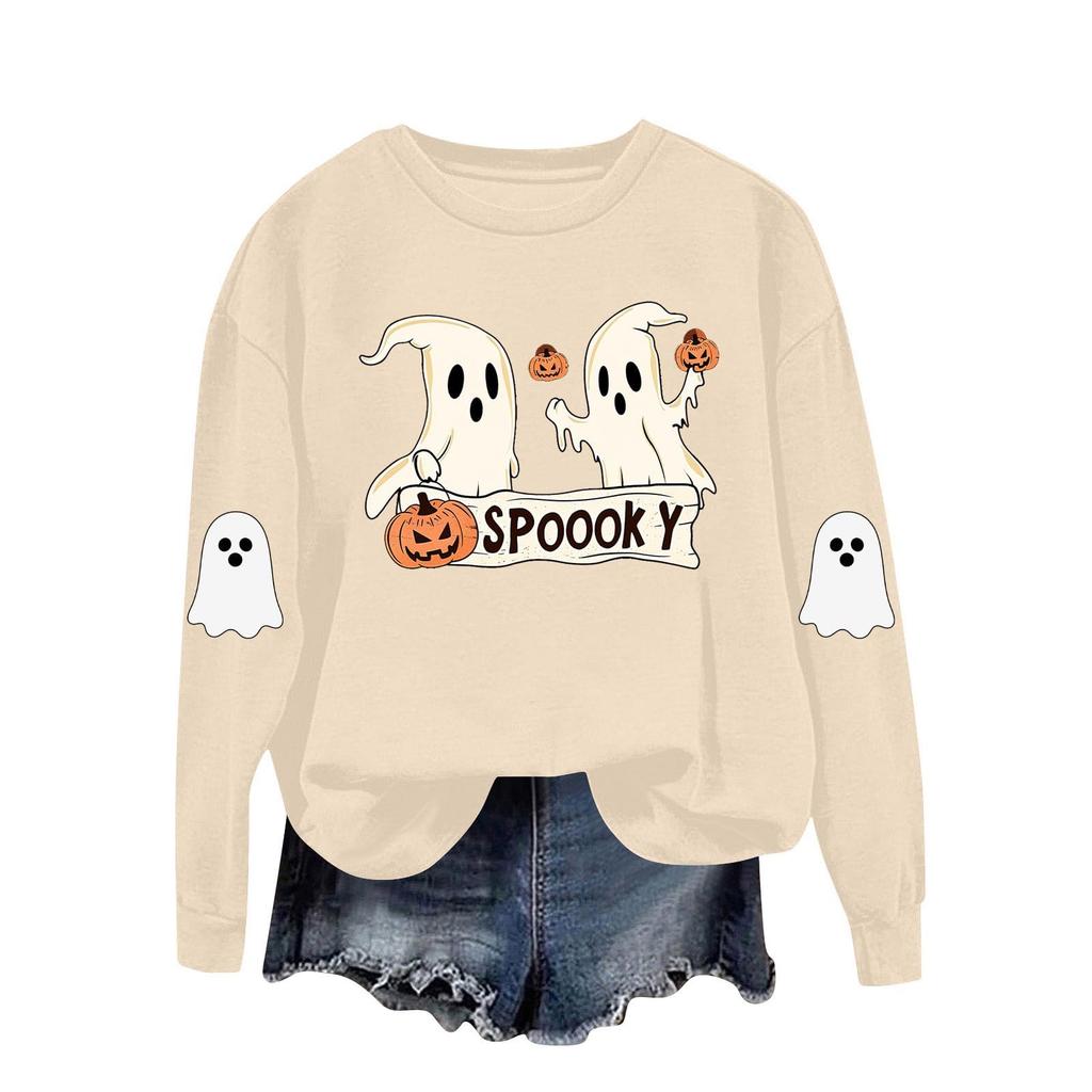Damen Modisches Lässiges Langarm Halloween Bedrucktes Rundhals-Oberteil