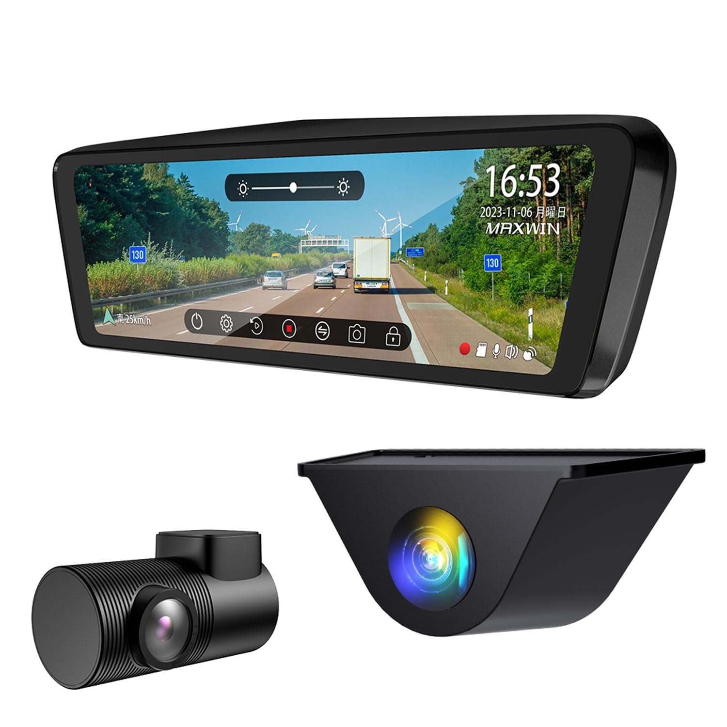 

MAXWIN Dash Replacement for OEM Separate Front and Rear Simultaneous SONY IMX307 Cam, Mirror-Style, Mirror, Zoom, Cameras, Recording, Sensor, GPS, чорний