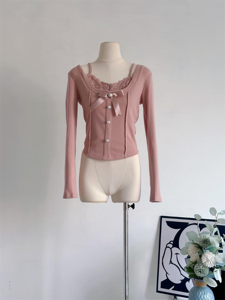 

Винтажные футболки из двух предметов для девочек Mori Girl, женские кружевные лоскутные укороченные топы с милым бантом, женский эстетический однотонный пуловер Kawaii, новый M розовый