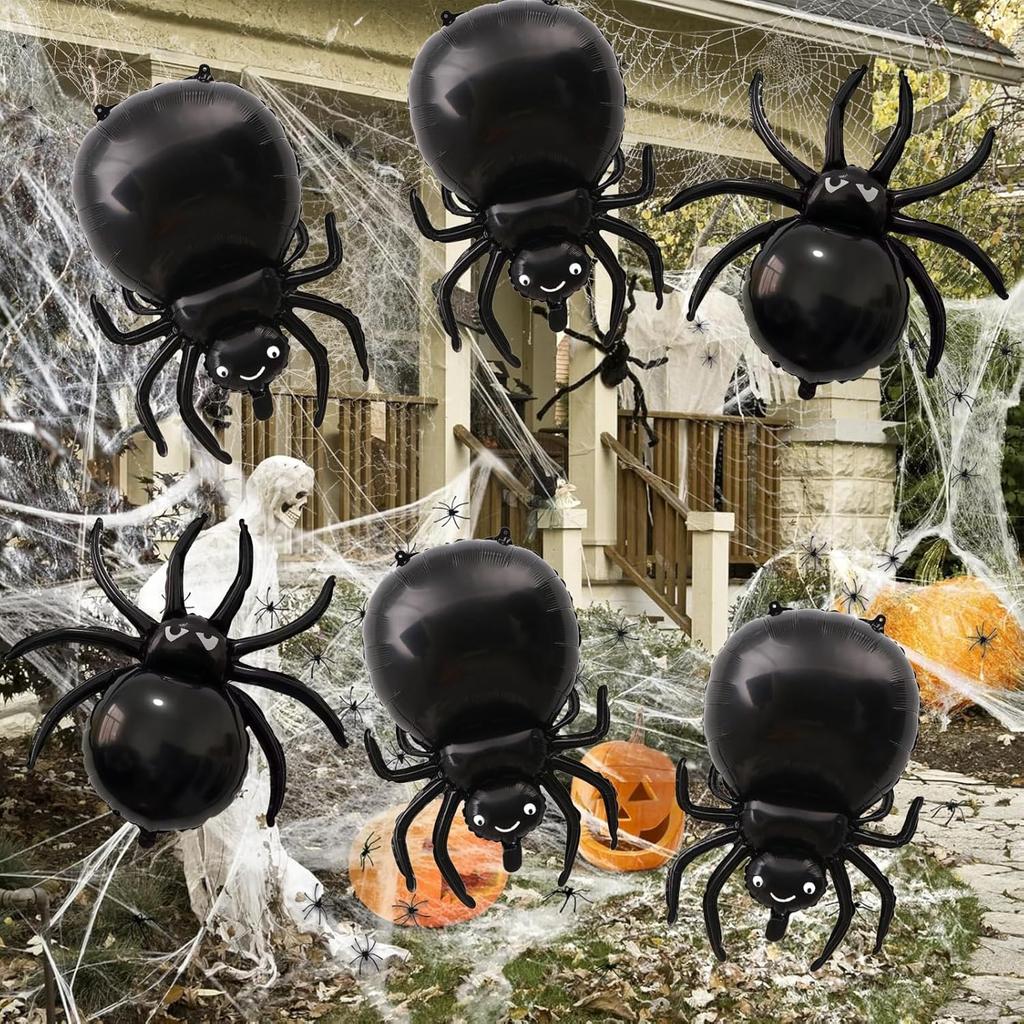 6 pcs Black Spider Aluminum Foil Mylar Balloons Halloween Party Birthday Haunted House Ghost Spooky Theme Decoration Supplies