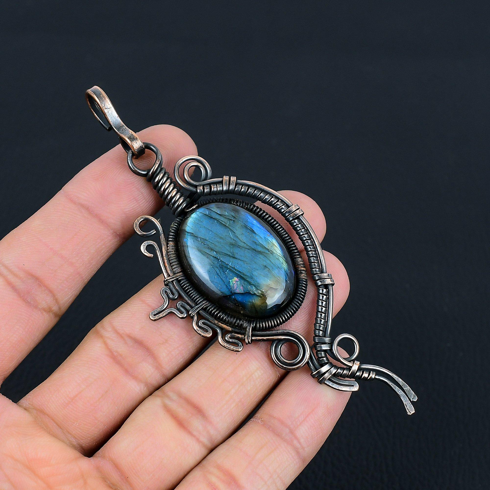

Потрясающий лабрадорит драгоценный камень ручной работы из чистой медной проволоки ювелирное изделие кулон для подарка 4.17 Inches синий