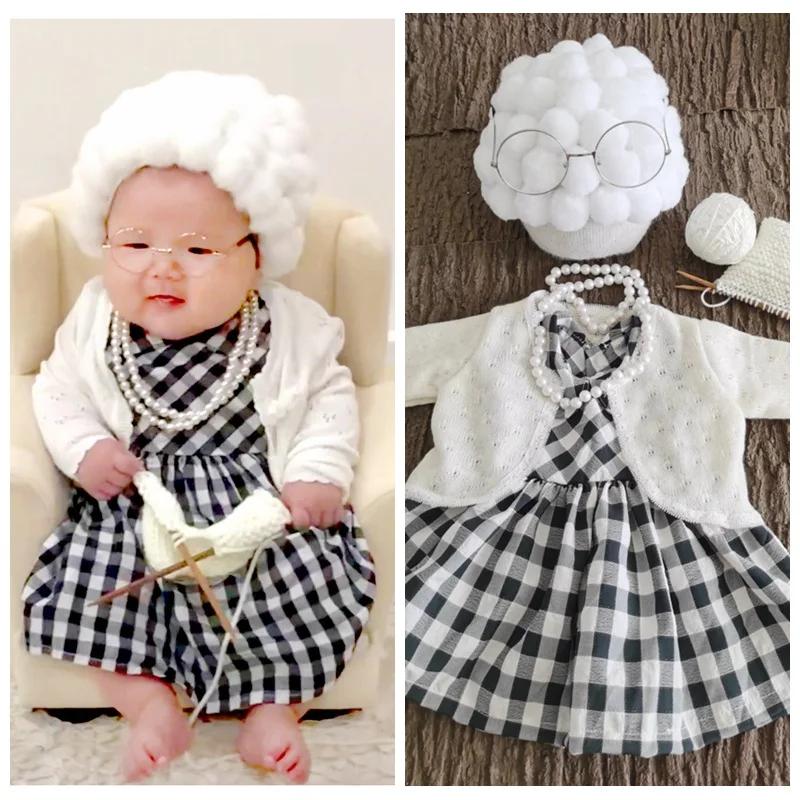 Funny Newborn Photography Props Costume Infant Baby Girls Cosplay Grandma Clothes Photo Shooting Hat Outfits bianco