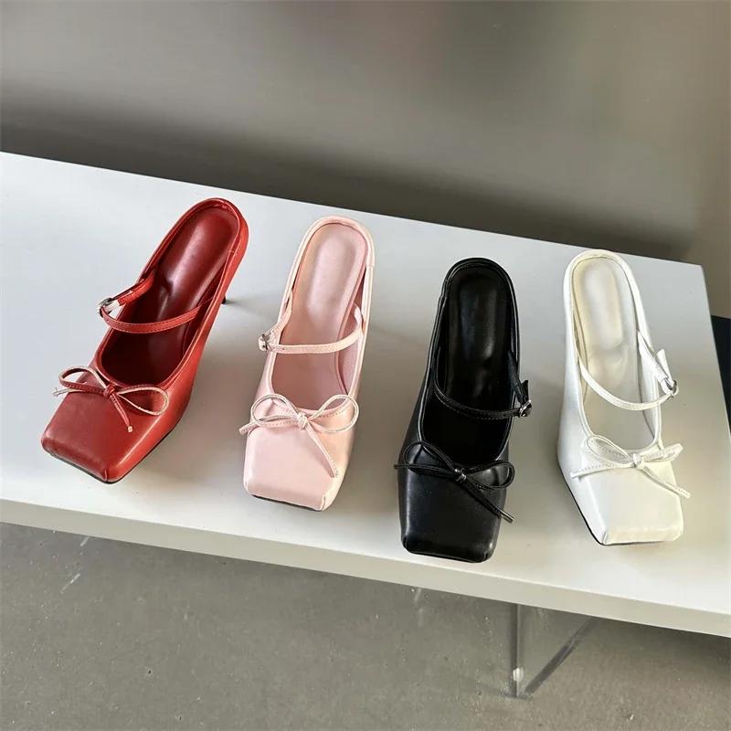 Eilyken Spring Bowknot Square Toe Women Slippers Sexy Buckle Strap Thin High Heels Prom Mule Pumps Shoes Zapatos De Mujer