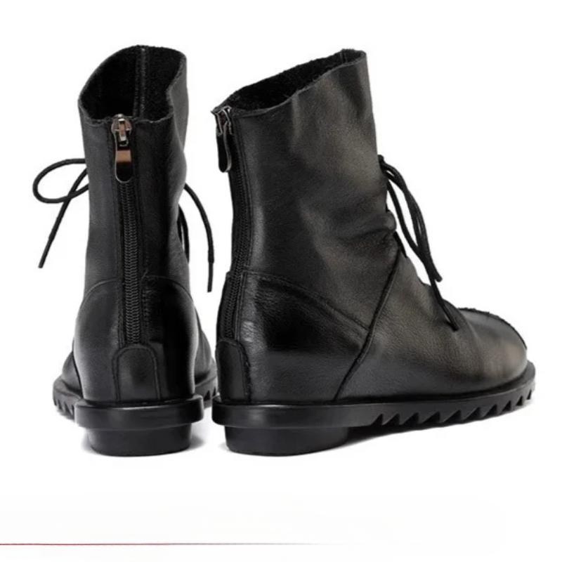 Johnature Genuine Leather Soft Soled Short Boots Versatile Black Lace Up Back Zipper Warm Women's Boots