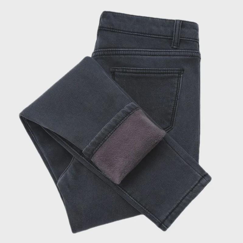 Women's Plush High-Waist Slim-Fit Cotton Jeans for Autumn/Winter